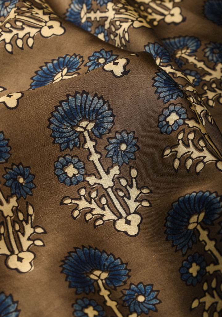 Dull Brown Hand Block Print Modal Silk Saree with Floral Design Pattern