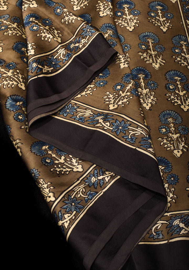 Dull Brown Hand Block Print Modal Silk Saree with Floral Design Pattern
