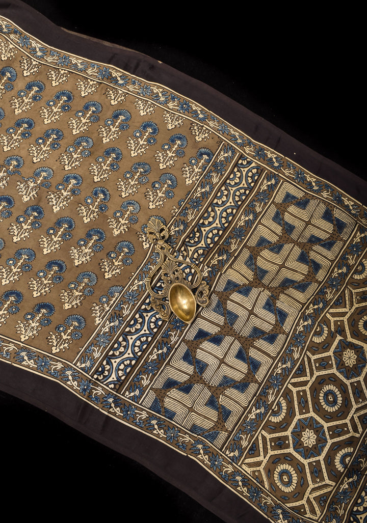 Dull Brown Hand Block Print Modal Silk Saree with Floral Design Pattern
