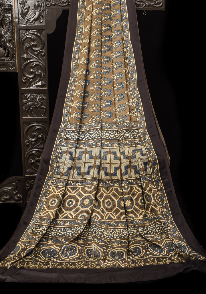 Dull Brown Hand Block Print Modal Silk Saree with Floral Design Pattern
