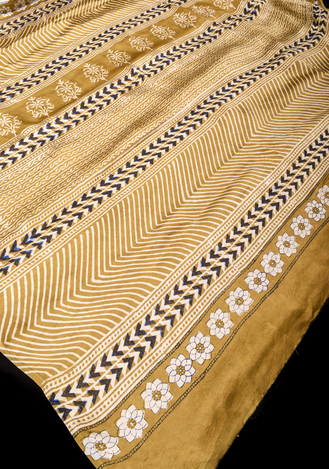 Beige Ajrakh Hand Block Print Modal Silk Saree with Floral pattern