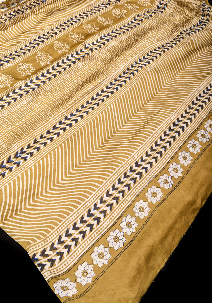 Beige Ajrakh Hand Block Print Modal Silk Saree with Floral pattern