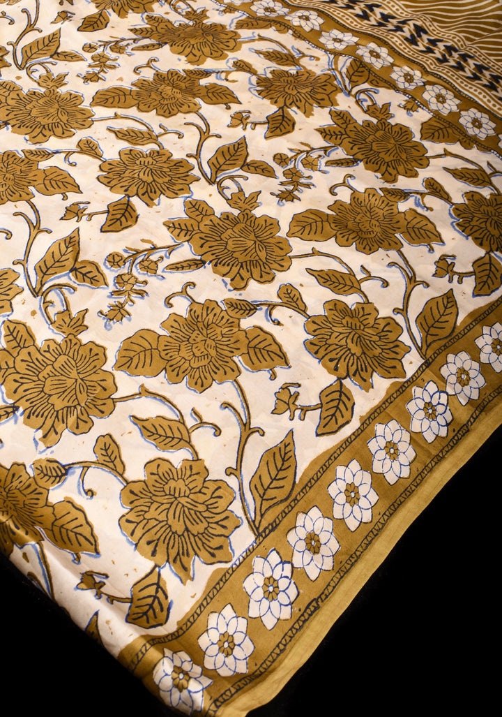 Beige Ajrakh Hand Block Print Modal Silk Saree with Floral pattern