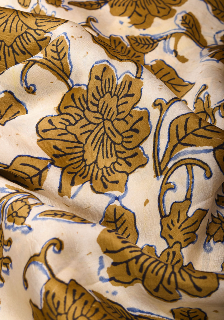 Beige Ajrakh Hand Block Print Modal Silk Saree with Floral pattern