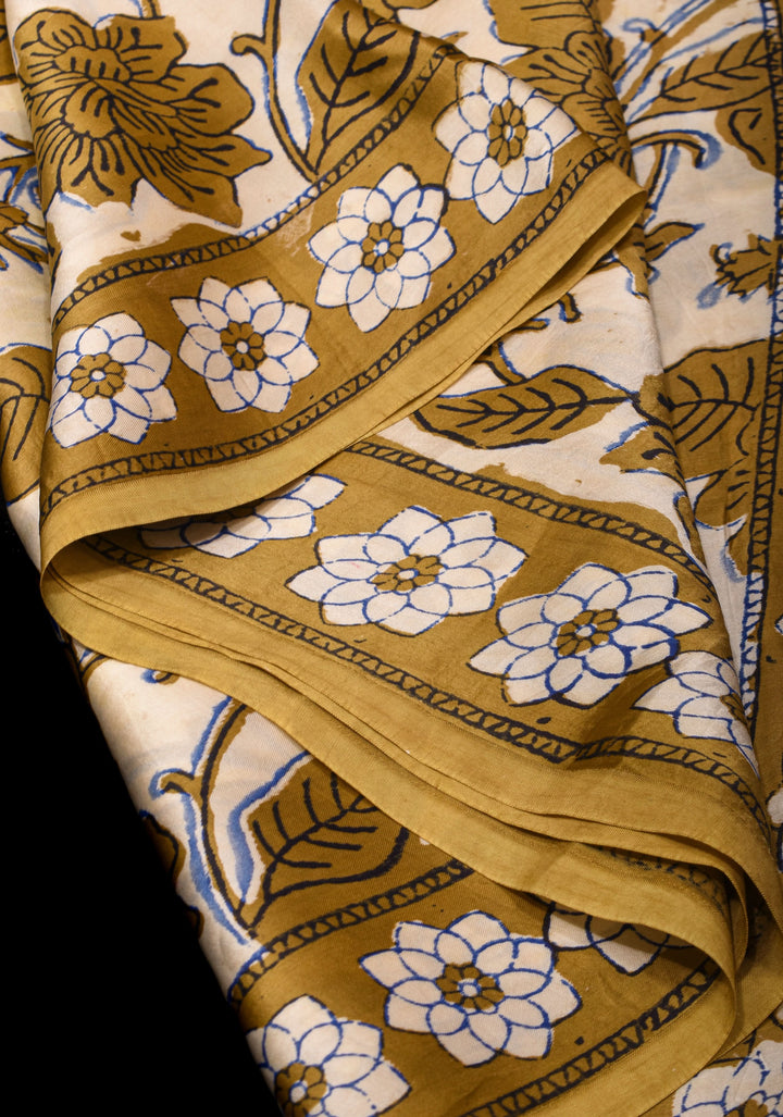 Beige Ajrakh Hand Block Print Modal Silk Saree with Floral pattern