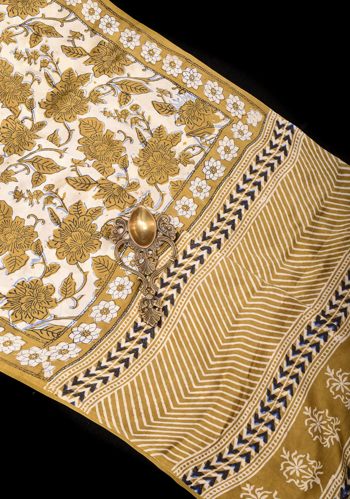 Beige Ajrakh Hand Block Print Modal Silk Saree with Floral pattern