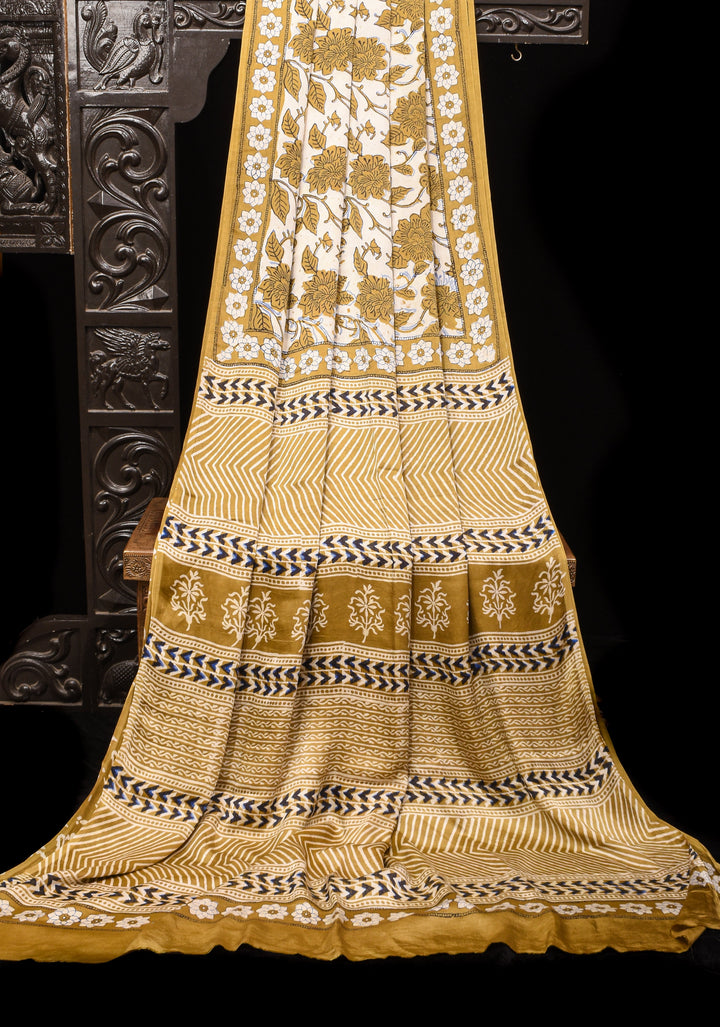 Beige Ajrakh Hand Block Print Modal Silk Saree with Floral pattern