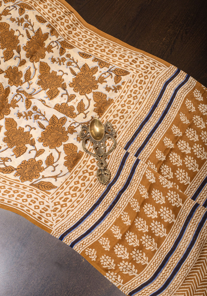 Ajrakh HandBlock Printed Saree in Mustard and Ivory Modal Silk