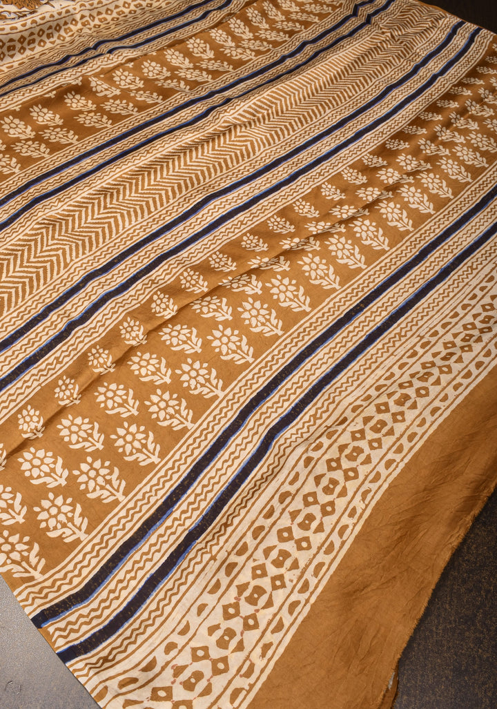 Ajrakh HandBlock Printed Saree in Mustard and Ivory Modal Silk