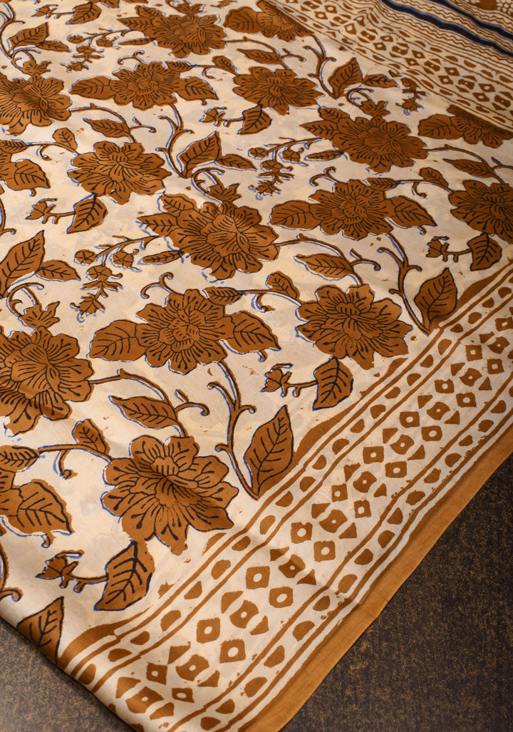 Ajrakh HandBlock Printed Saree in Mustard and Ivory Modal Silk