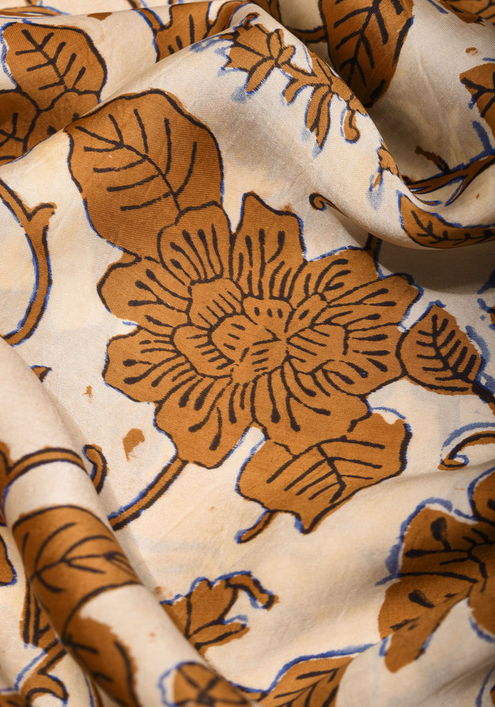 Ajrakh HandBlock Printed Saree in Mustard and Ivory Modal Silk