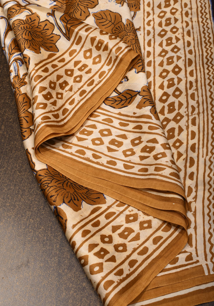Ajrakh HandBlock Printed Saree in Mustard and Ivory Modal Silk