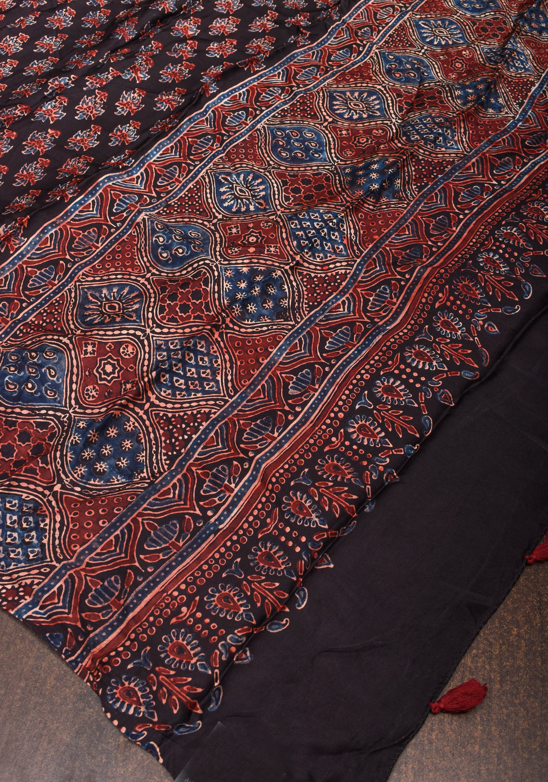DUPATTA: Black Ajrakh Hand Block Print Dupatta on Modal Silk
