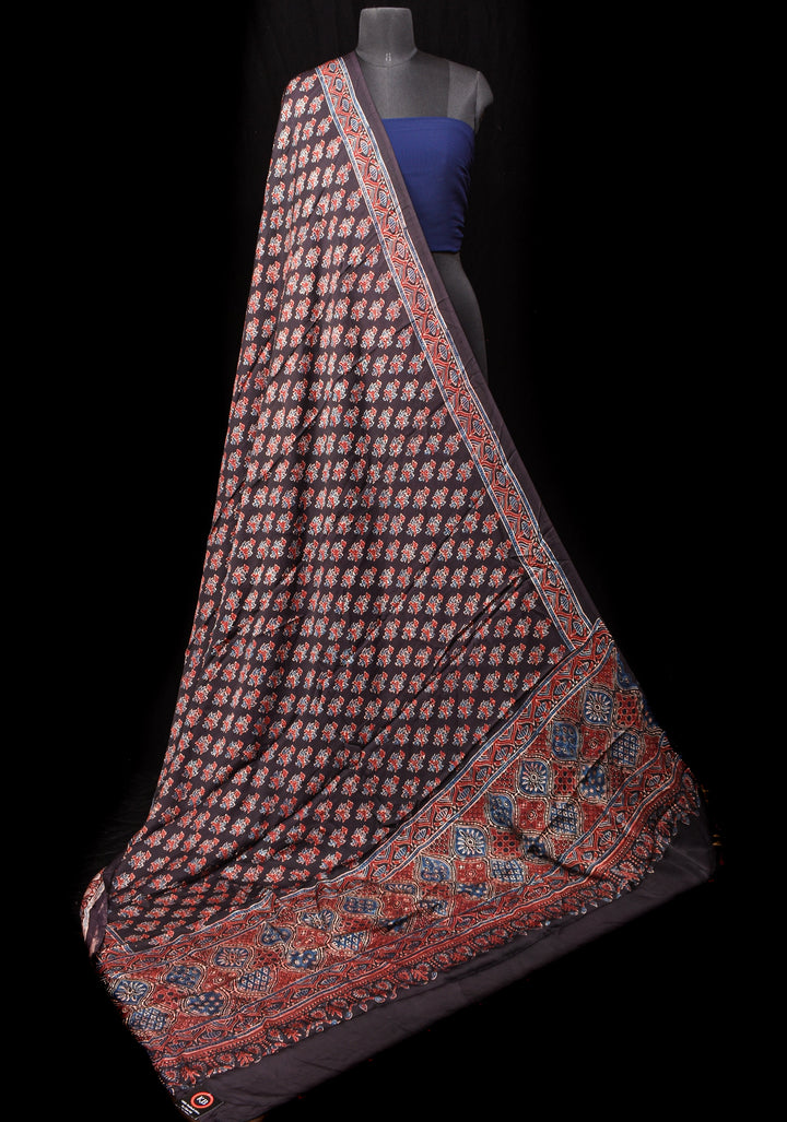 DUPATTA: Black Ajrakh Hand Block Print Dupatta on Modal Silk