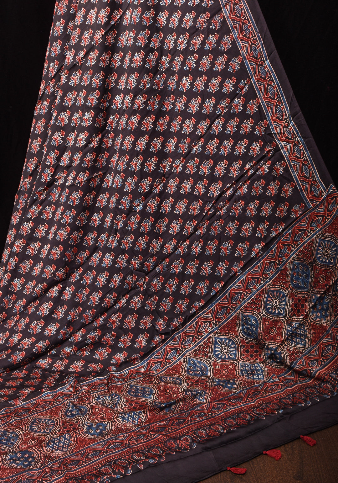 DUPATTA: Black Ajrakh Hand Block Print Dupatta on Modal Silk