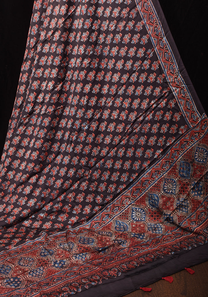 DUPATTA: Black Ajrakh Hand Block Print Dupatta on Modal Silk