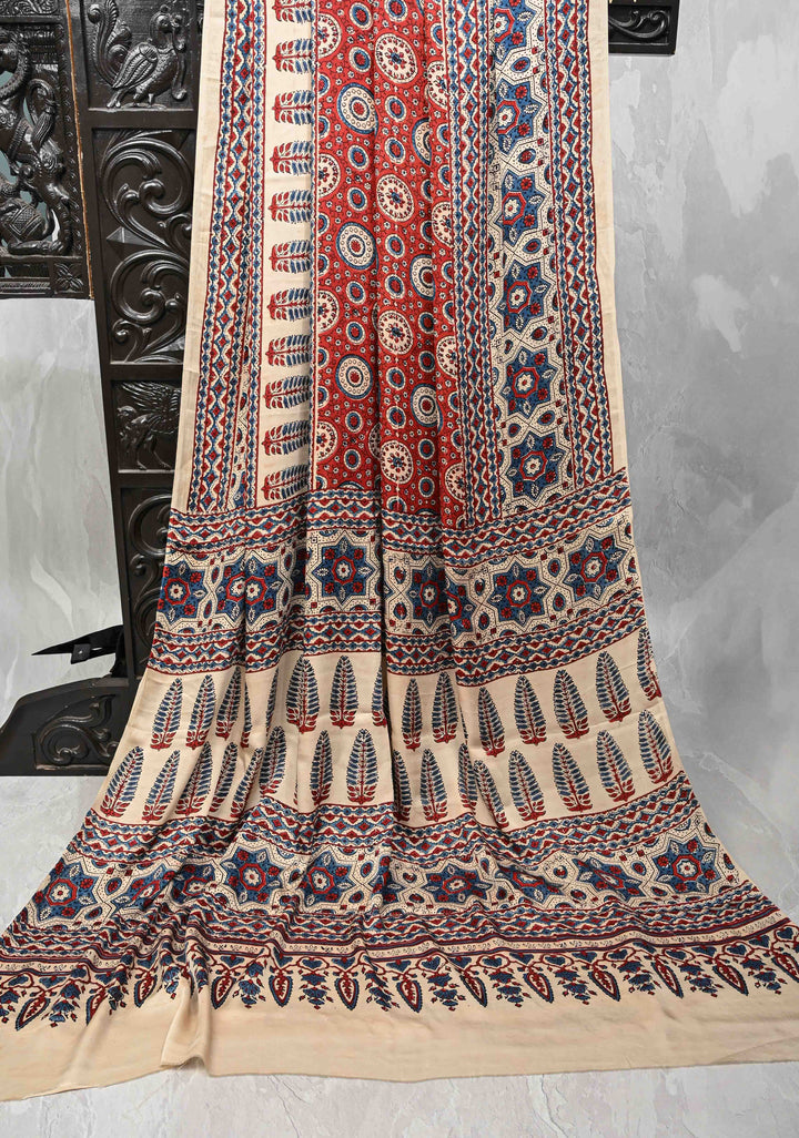 Maroon Modal Silk Saree with Ajrakh Hand Block Print