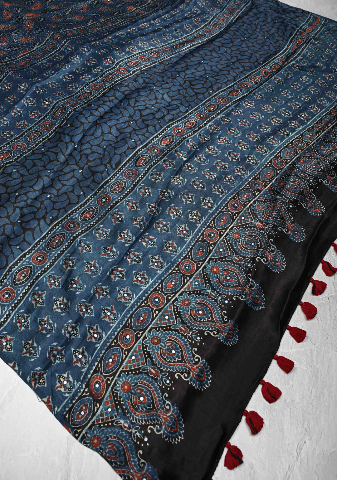 Black Modal Silk Saree with Ajrakh Hand Block Print and mirror work No Blouse Piece
