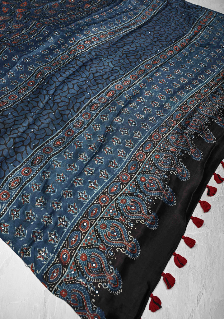 Black Modal Silk Saree with Ajrakh Hand Block Print and mirror work No Blouse Piece