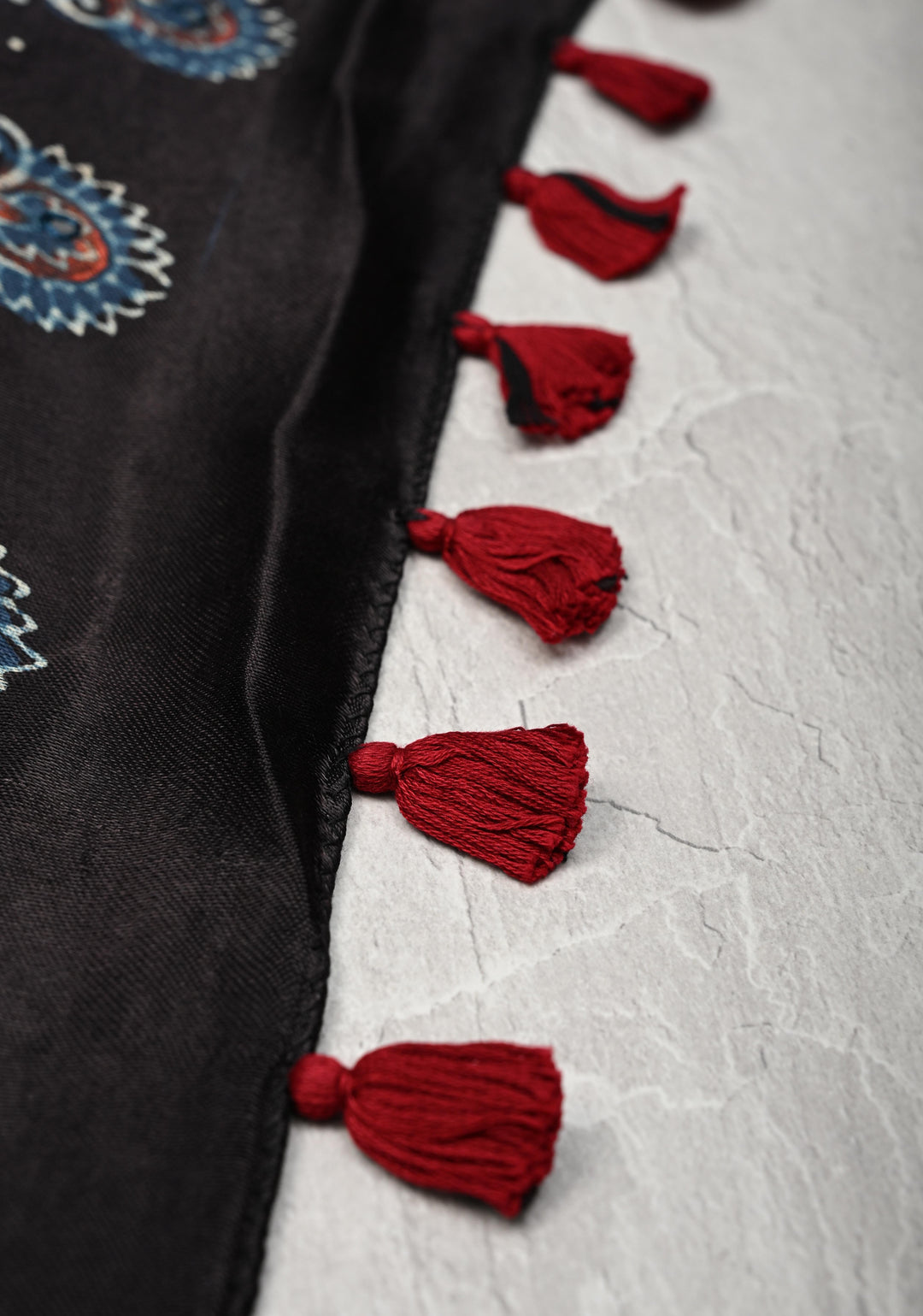 Black Modal Silk Saree with Ajrakh Hand Block Print and mirror work No Blouse Piece