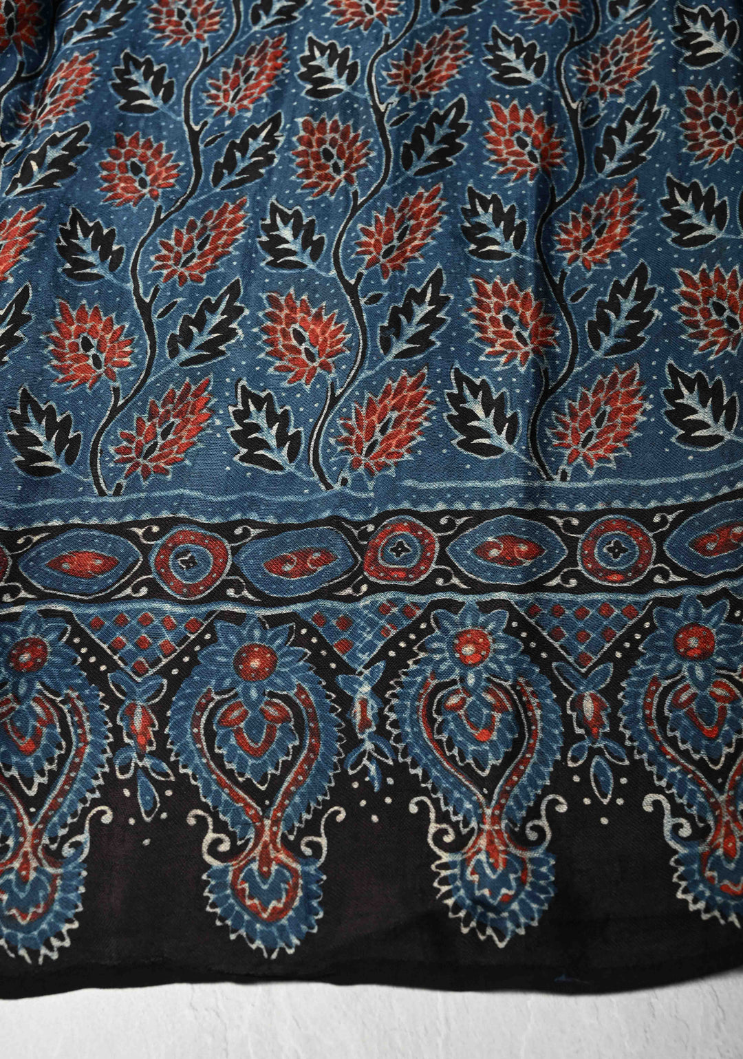 Black Modal Silk Saree with Ajrakh Hand Block Print and mirror work No Blouse Piece