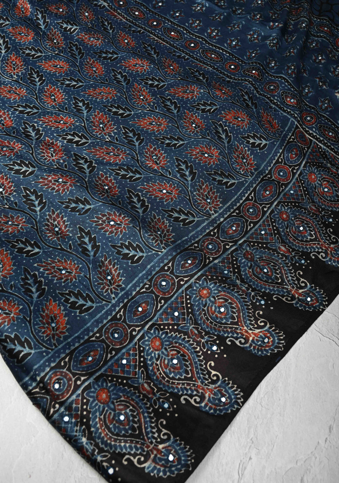 Black Modal Silk Saree with Ajrakh Hand Block Print and mirror work No Blouse Piece