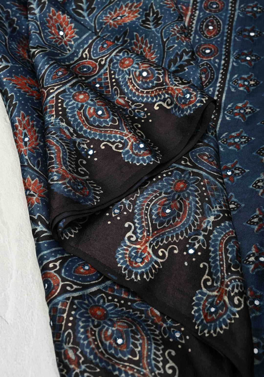 Black Modal Silk Saree with Ajrakh Hand Block Print and mirror work No Blouse Piece
