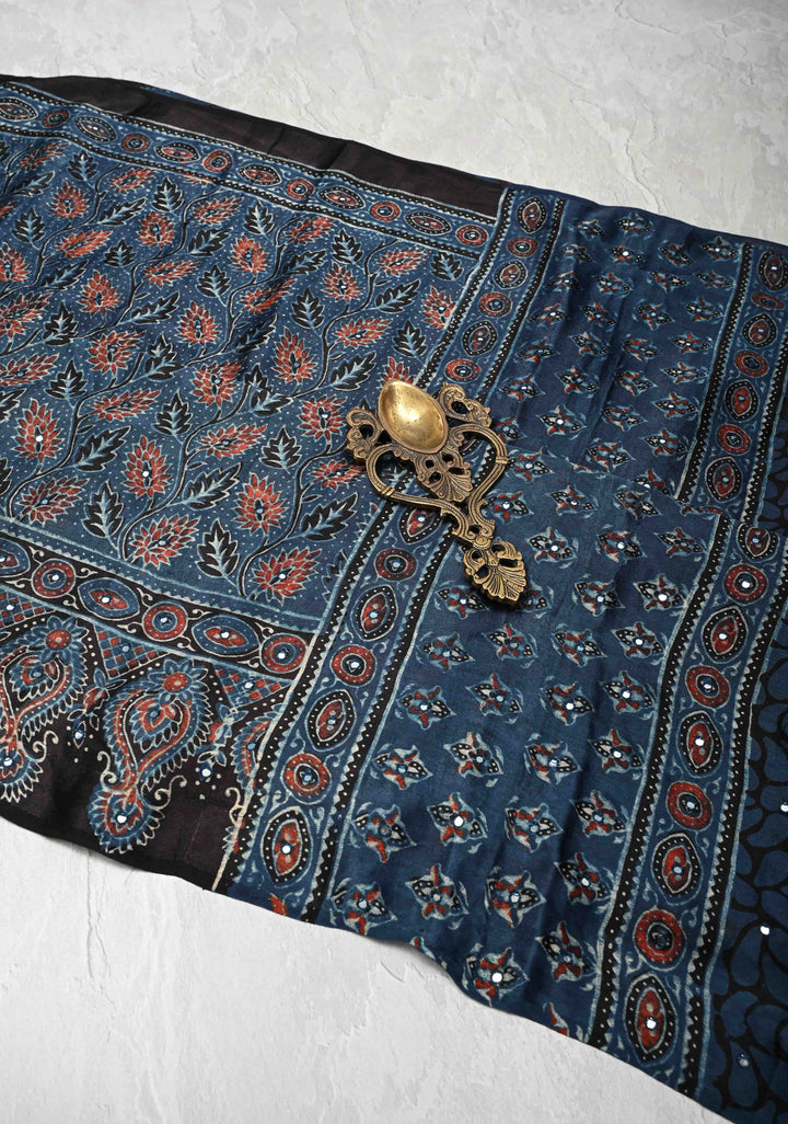 Black Modal Silk Saree with Ajrakh Hand Block Print and mirror work No Blouse Piece
