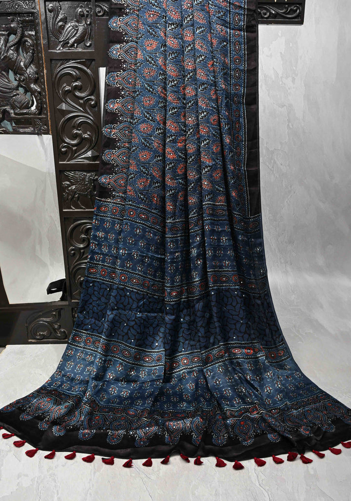 Black Modal Silk Saree with Ajrakh Hand Block Print and mirror work No Blouse Piece