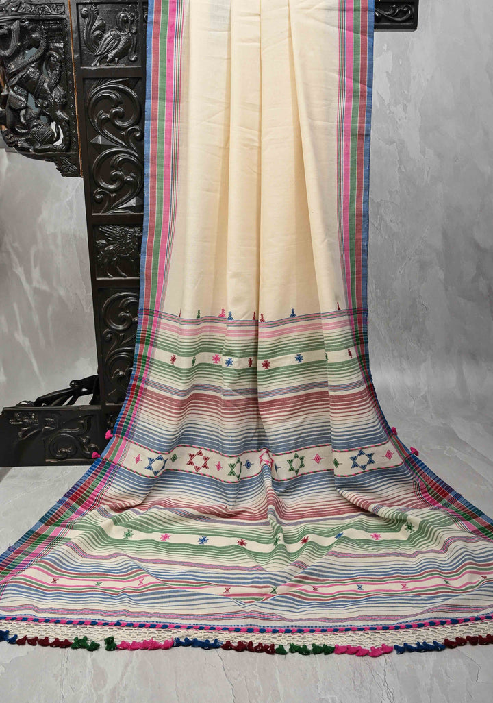 Off-White Bhujodi Kala Cotton Saree with Multicolor Stripes Border and Honeycomb Tassels