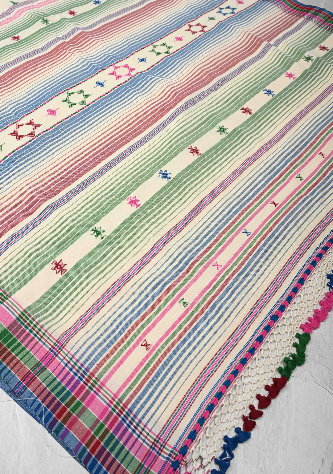 Off-White Bhujodi Kala Cotton Saree with Multicolor Stripes Border and Honeycomb Tassels
