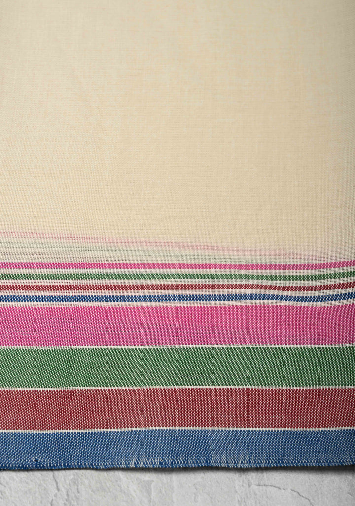 Off-White Bhujodi Kala Cotton Saree with Multicolor Stripes Border and Honeycomb Tassels