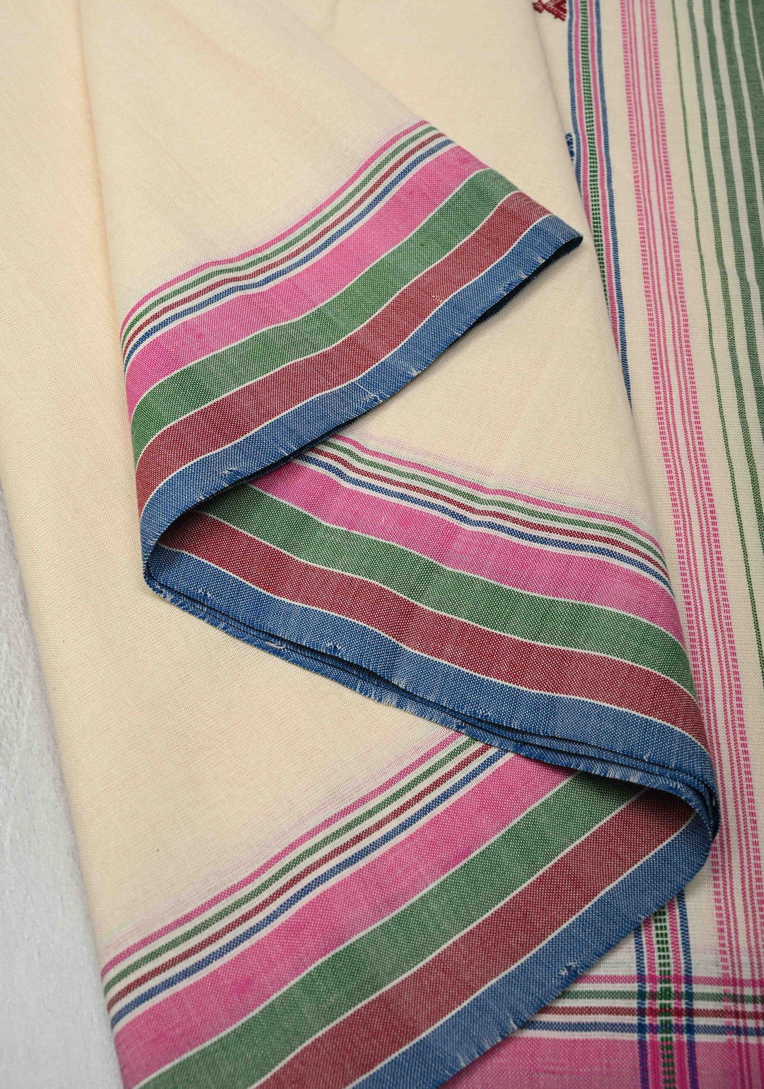 Off-White Bhujodi Kala Cotton Saree with Multicolor Stripes Border and Honeycomb Tassels