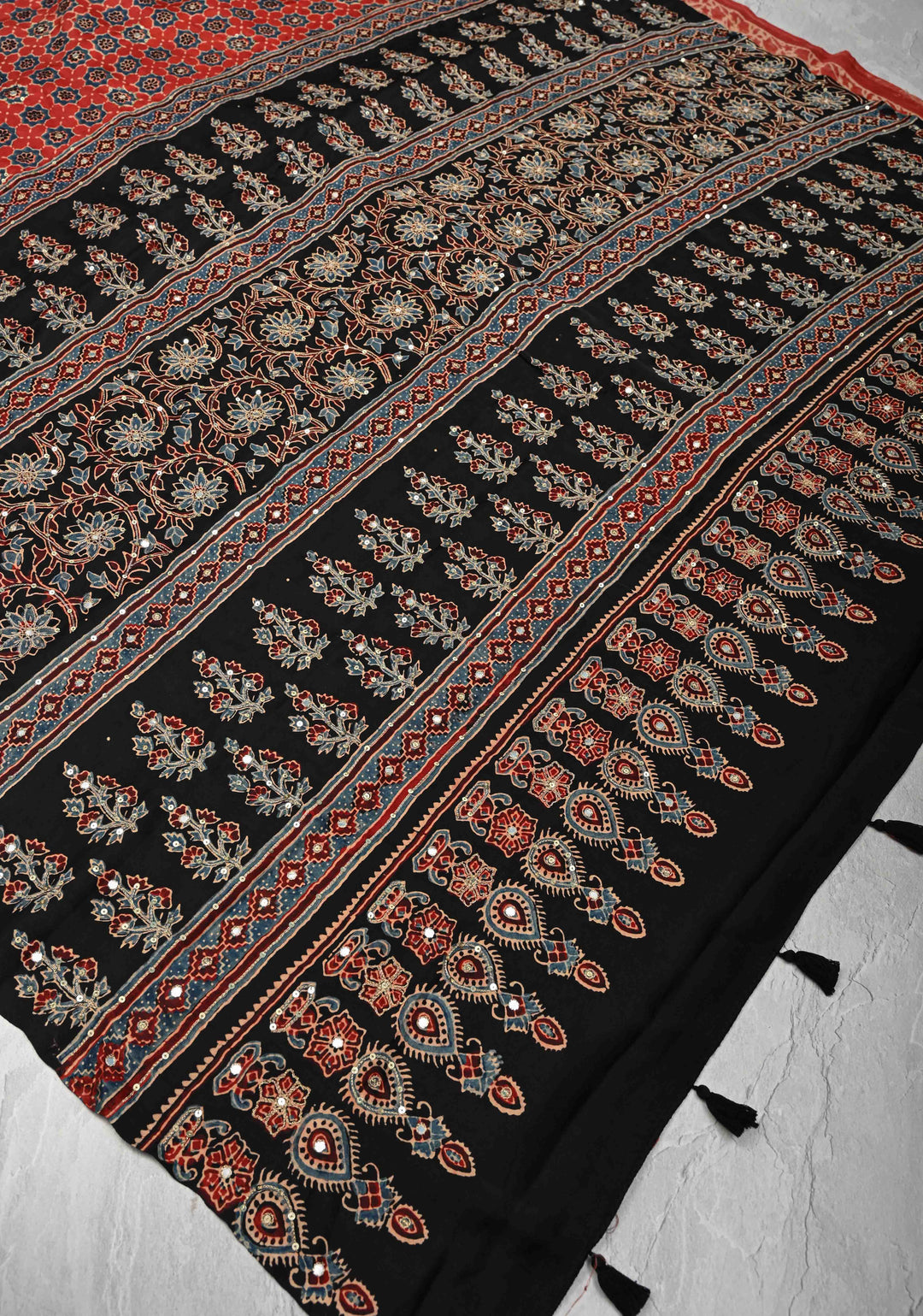 Brick Red Modal Silk Saree with Ajrakh Hand Block Print and mirror, sequins aari work
