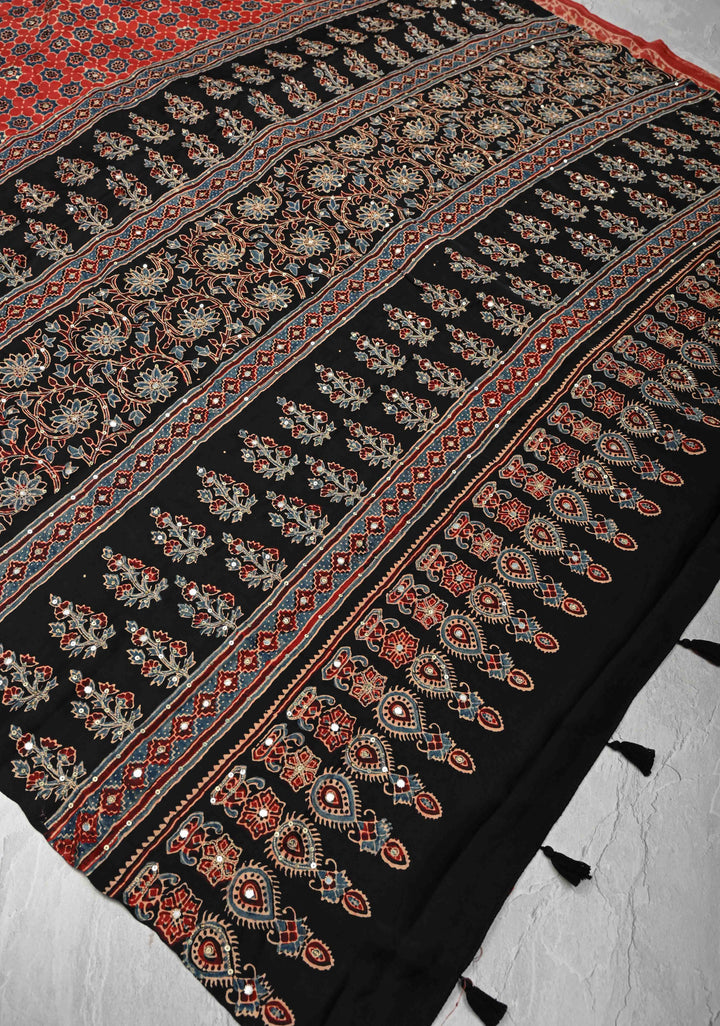 Brick Red Modal Silk Saree with Ajrakh Hand Block Print and mirror, sequins aari work
