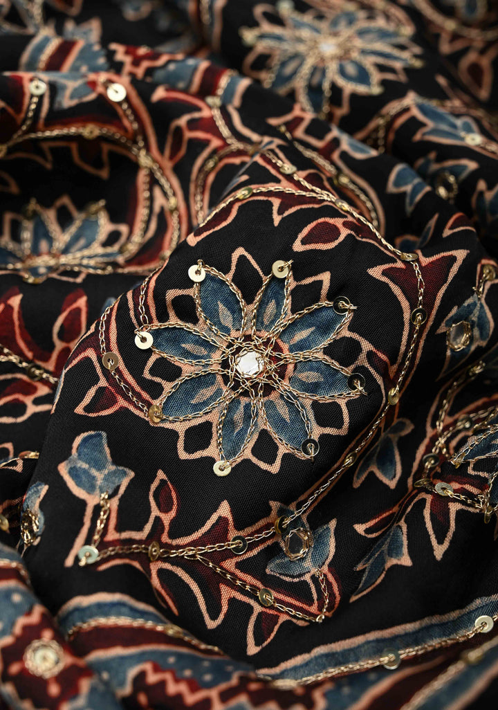 Brick Red Modal Silk Saree with Ajrakh Hand Block Print and mirror, sequins aari work