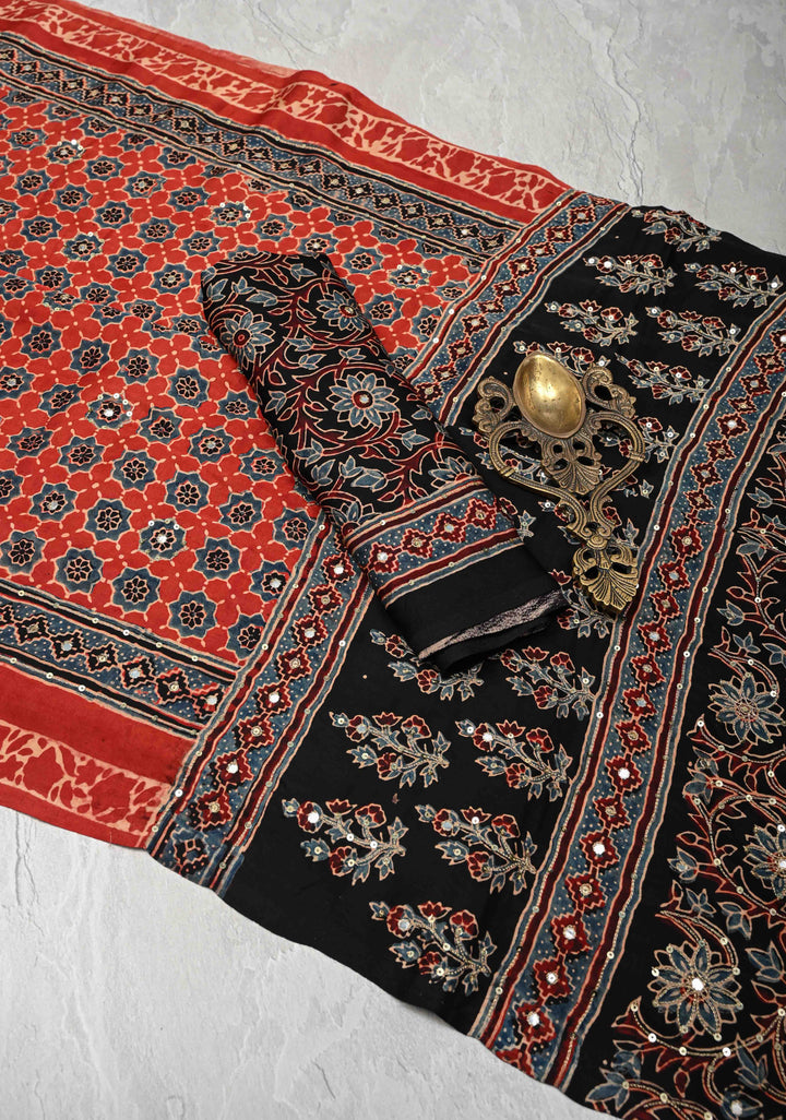Brick Red Modal Silk Saree with Ajrakh Hand Block Print and mirror, sequins aari work