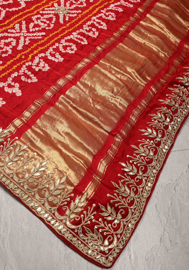 Gharchola Blood Red Sarkam Bandhej on Gajji Silk Saree with Gharchola Design and Gotta Patti Work-Crushed Pallu