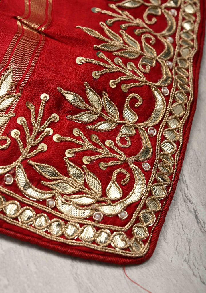 Gharchola Blood Red Sarkam Bandhej on Gajji Silk Saree with Gharchola Design and Gotta Patti Work-Crushed Pallu