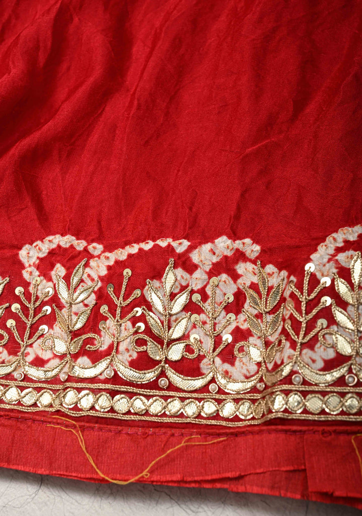Gharchola Blood Red Sarkam Bandhej on Gajji Silk Saree with Gharchola Design and Gotta Patti Work-Crushed Pallu