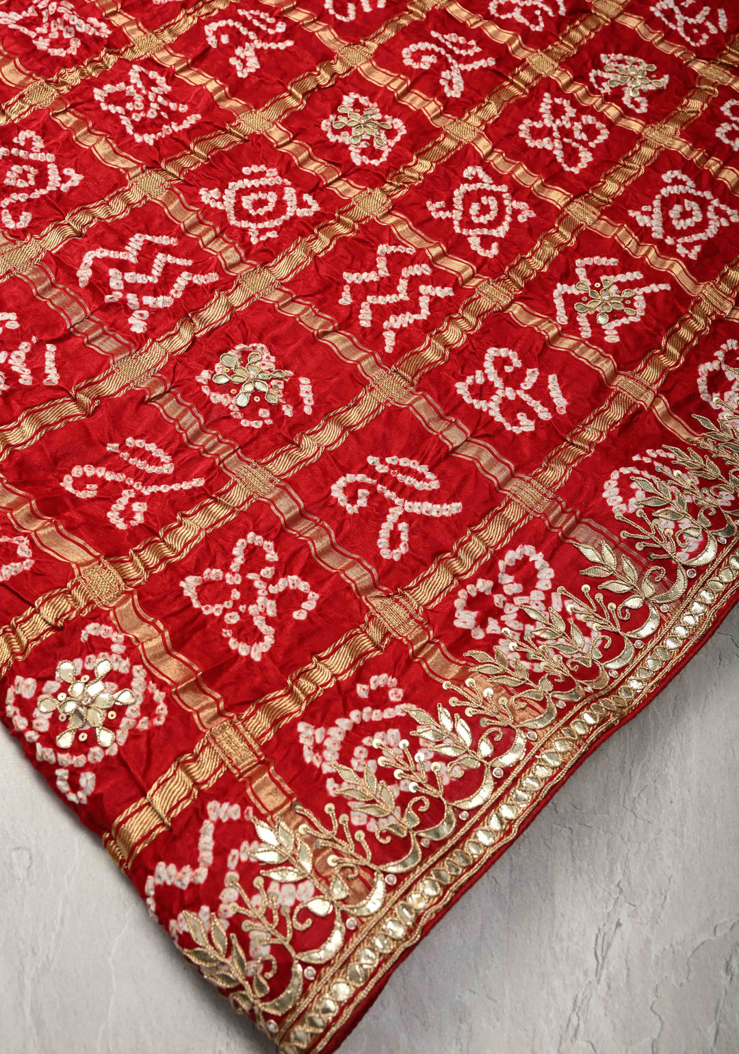 Gharchola Blood Red Sarkam Bandhej on Gajji Silk Saree with Gharchola Design and Gotta Patti Work-Crushed Pallu