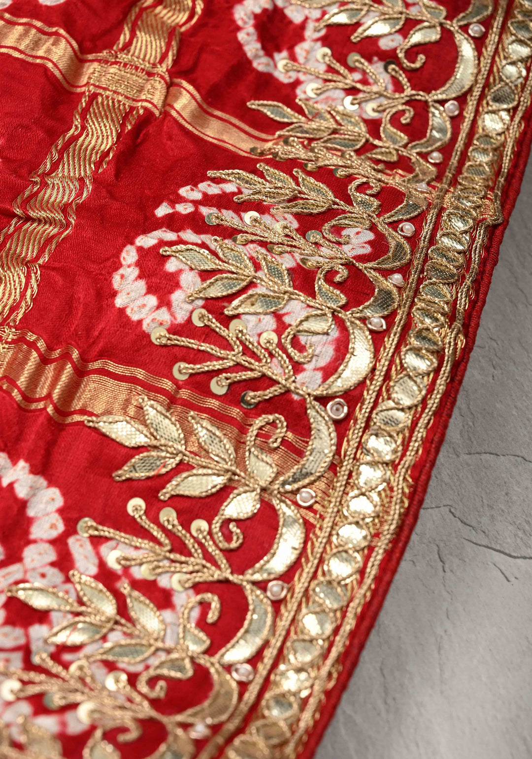 Gharchola Blood Red Sarkam Bandhej on Gajji Silk Saree with Gharchola Design and Gotta Patti Work-Crushed Pallu