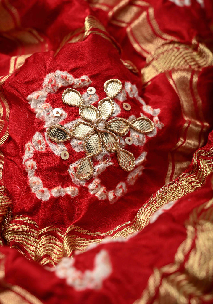 Gharchola Blood Red Sarkam Bandhej on Gajji Silk Saree with Gharchola Design and Gotta Patti Work-Crushed Pallu