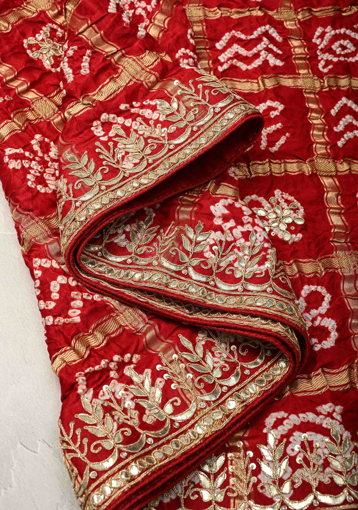 Gharchola Blood Red Sarkam Bandhej on Gajji Silk Saree with Gharchola Design and Gotta Patti Work-Crushed Pallu