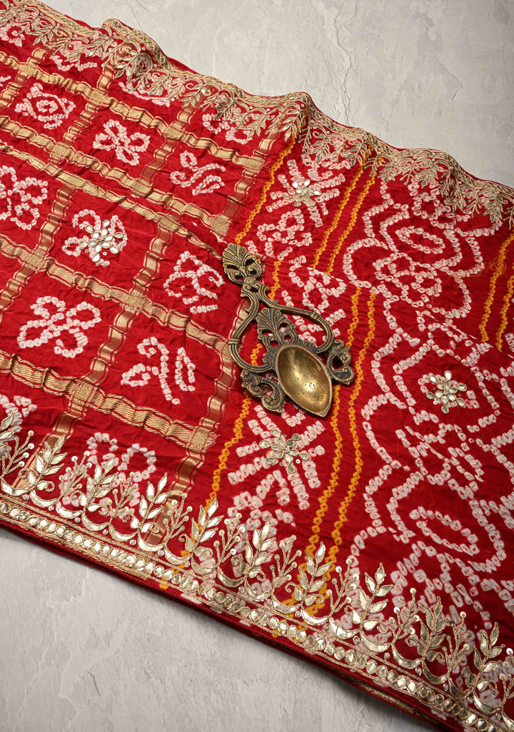 Gharchola Blood Red Sarkam Bandhej on Gajji Silk Saree with Gharchola Design and Gotta Patti Work-Crushed Pallu