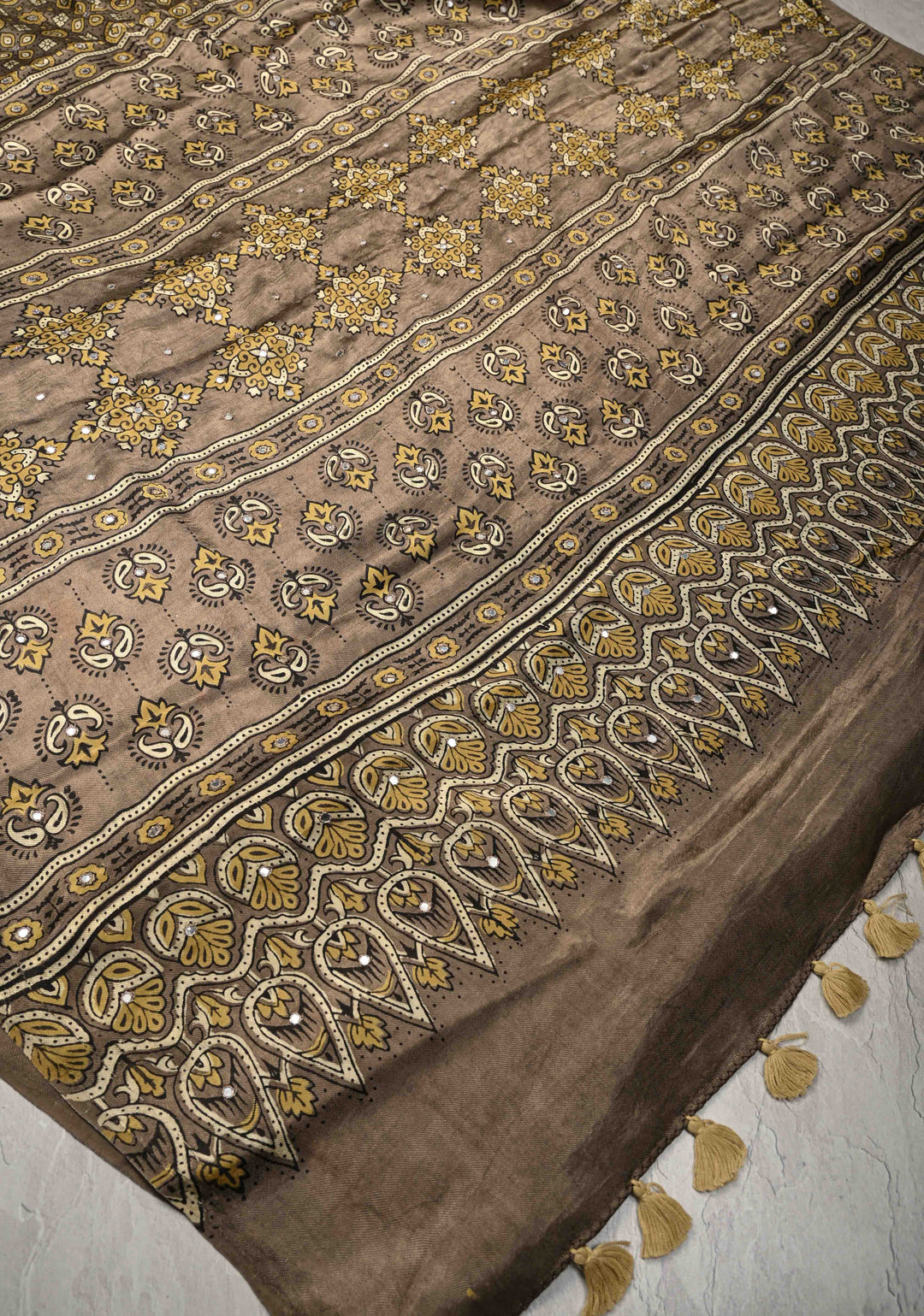 Authentic Ajrakh Hand Block Print in Gray Taupe Modal Silk Saree with Mirror Tikk Hand Work
