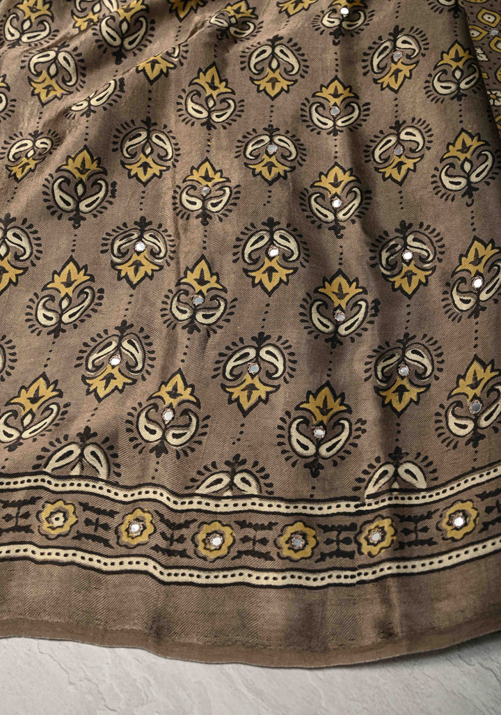 Authentic Ajrakh Hand Block Print in Gray Taupe Modal Silk Saree with Mirror Tikk Hand Work
