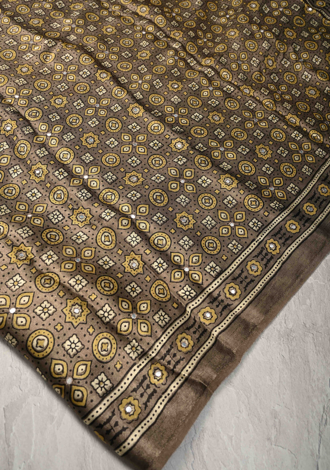 Authentic Ajrakh Hand Block Print in Gray Taupe Modal Silk Saree with Mirror Tikk Hand Work