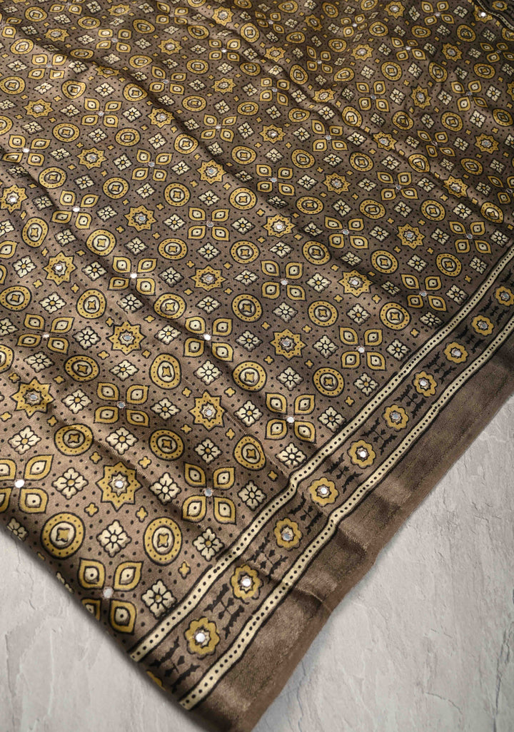 Authentic Ajrakh Hand Block Print in Gray Taupe Modal Silk Saree with Mirror Tikk Hand Work