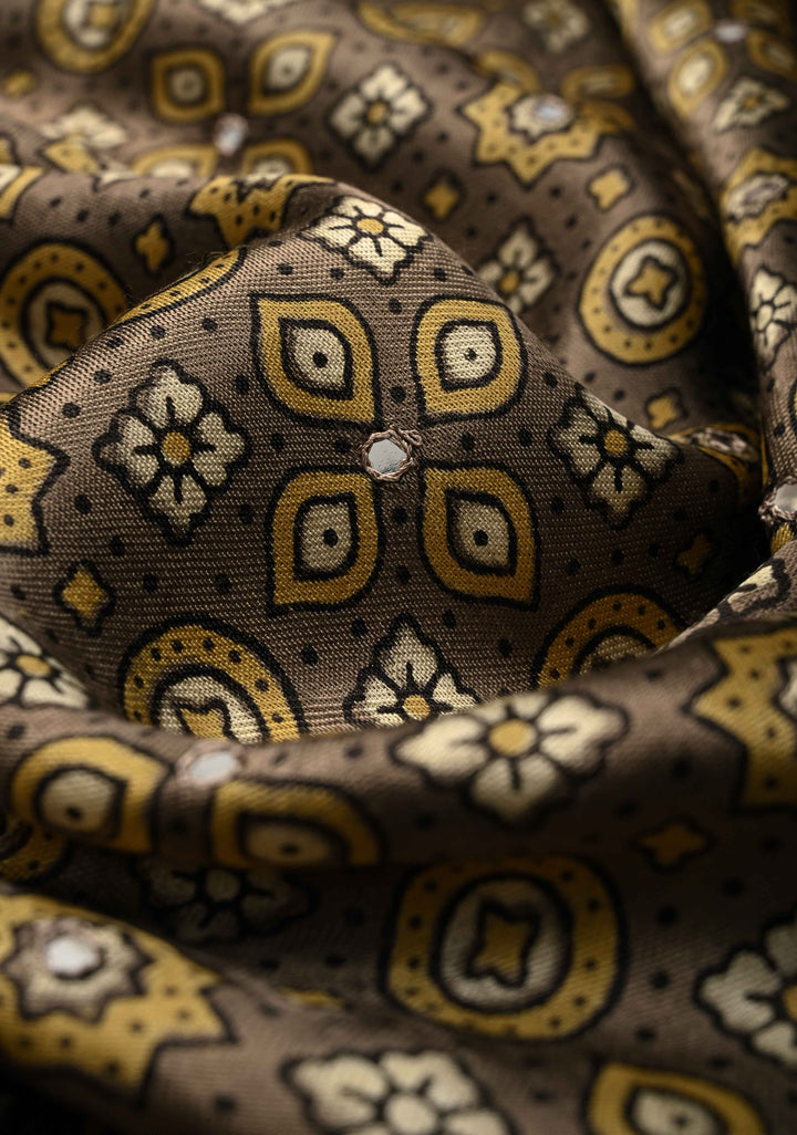 Authentic Ajrakh Hand Block Print in Gray Taupe Modal Silk Saree with Mirror Tikk Hand Work